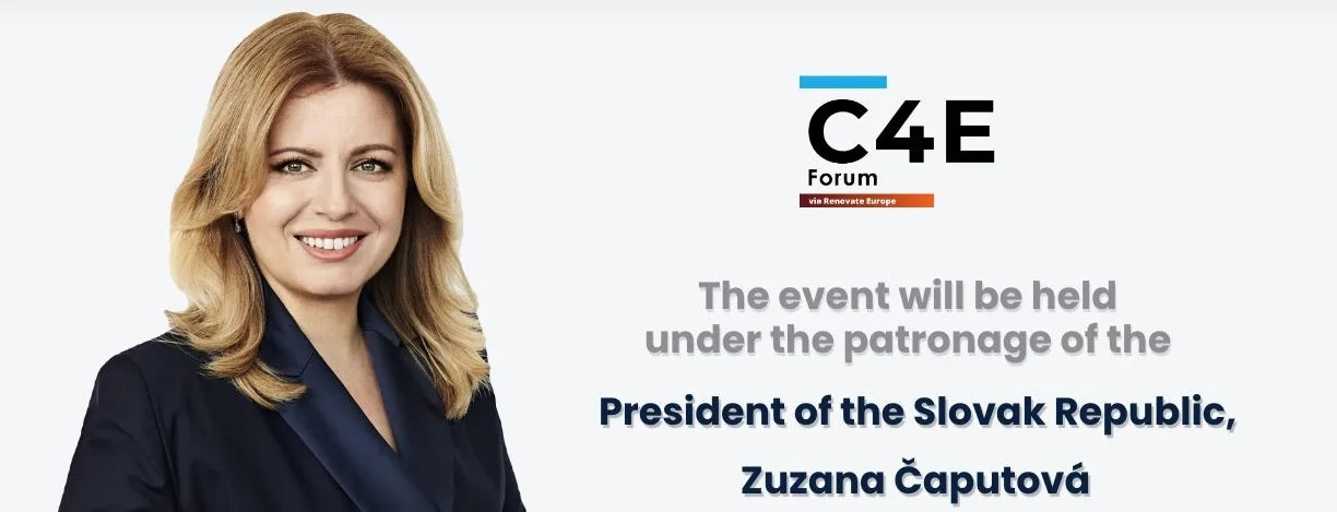 Patronage graphic for C4E Forum 2023 featuring President Zuzana Čaputová.