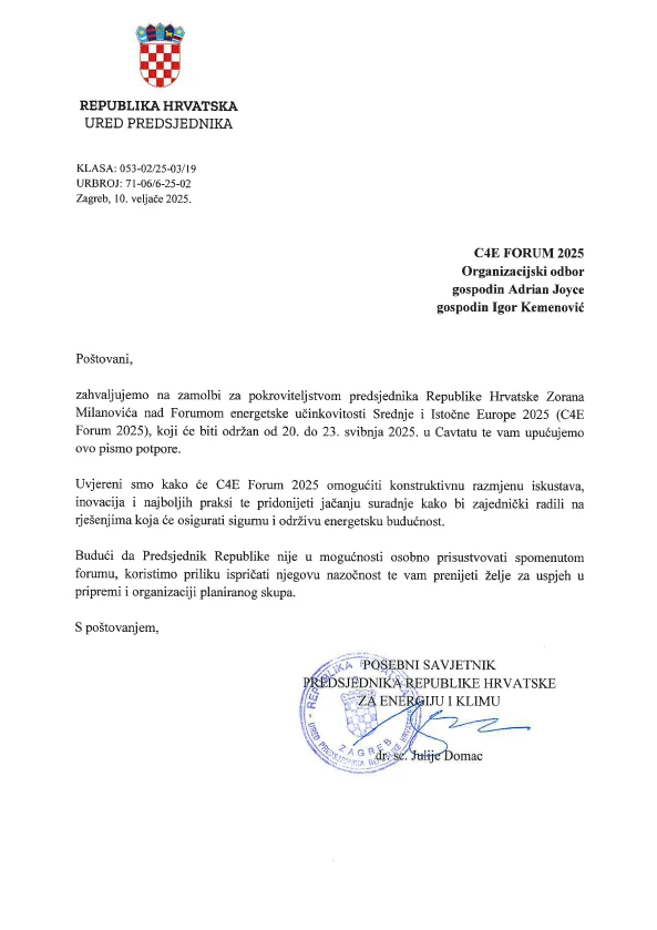 Support letter from the Office of the President of the Republic of Croatia for C4E Forum 2025.