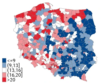 Map of Poland showing the number of energy performance certificates per 1,000 dwellings by area.